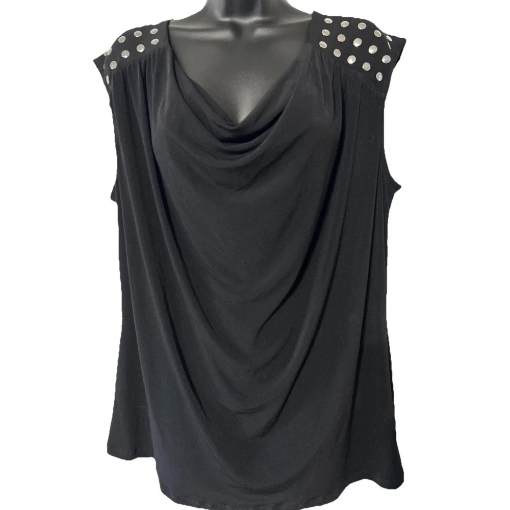 Michael Kors Black Cowl Neck Blouse Silver Tone Studded Sleeveless Top
